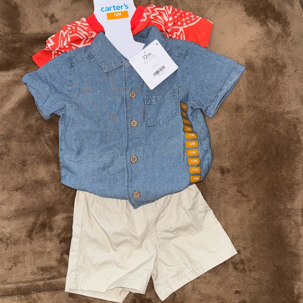 🌴Carter's Toddler Boys 3-Piece Short Sleeve Romper and Shorts Playwear Set 12 Mo